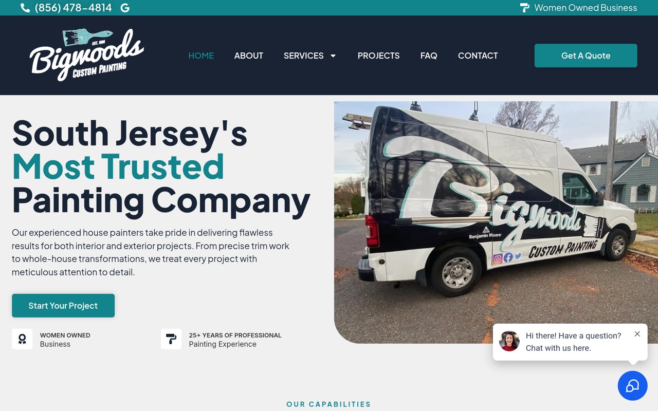 Homepage of a Bigwood's Custom Painting website built by Freez Digital