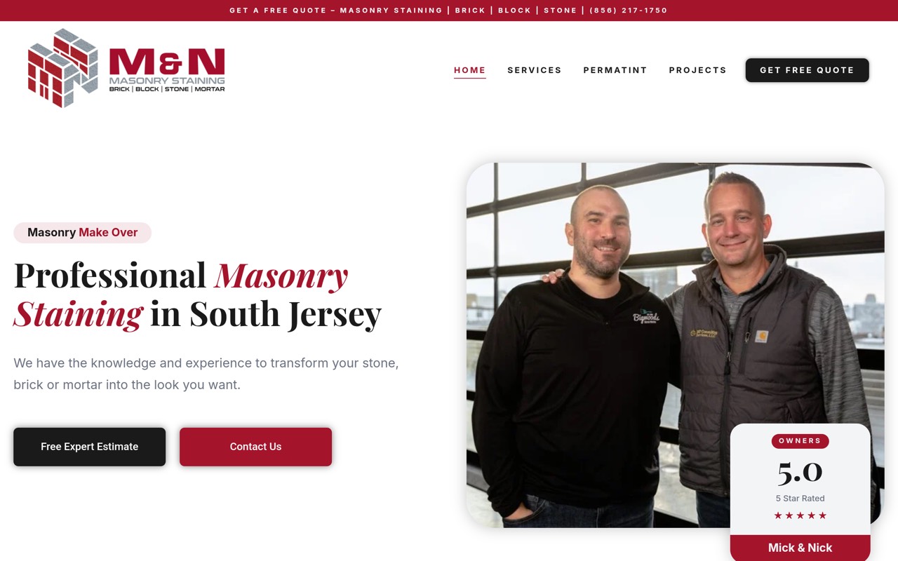 Homepage of a M&N Masonry Staining website built by Freez Digital