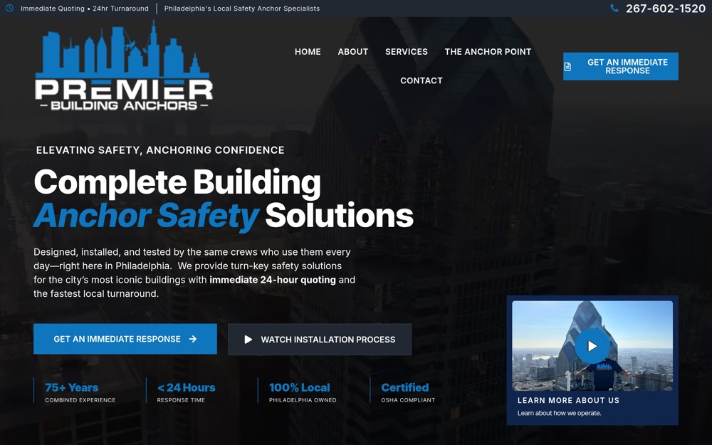 Homepage of a Premier Building Anchors website built by Freez Digital