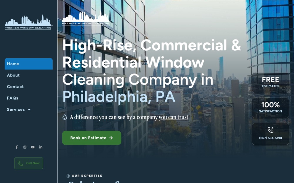 Homepage of a Premier Window Cleaning / We Hate Dirty Windows website built by Freez Digital